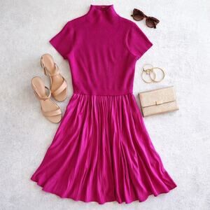 Anthro Pink Pleated Midi Dress Mock Neck Fit & Flare XL